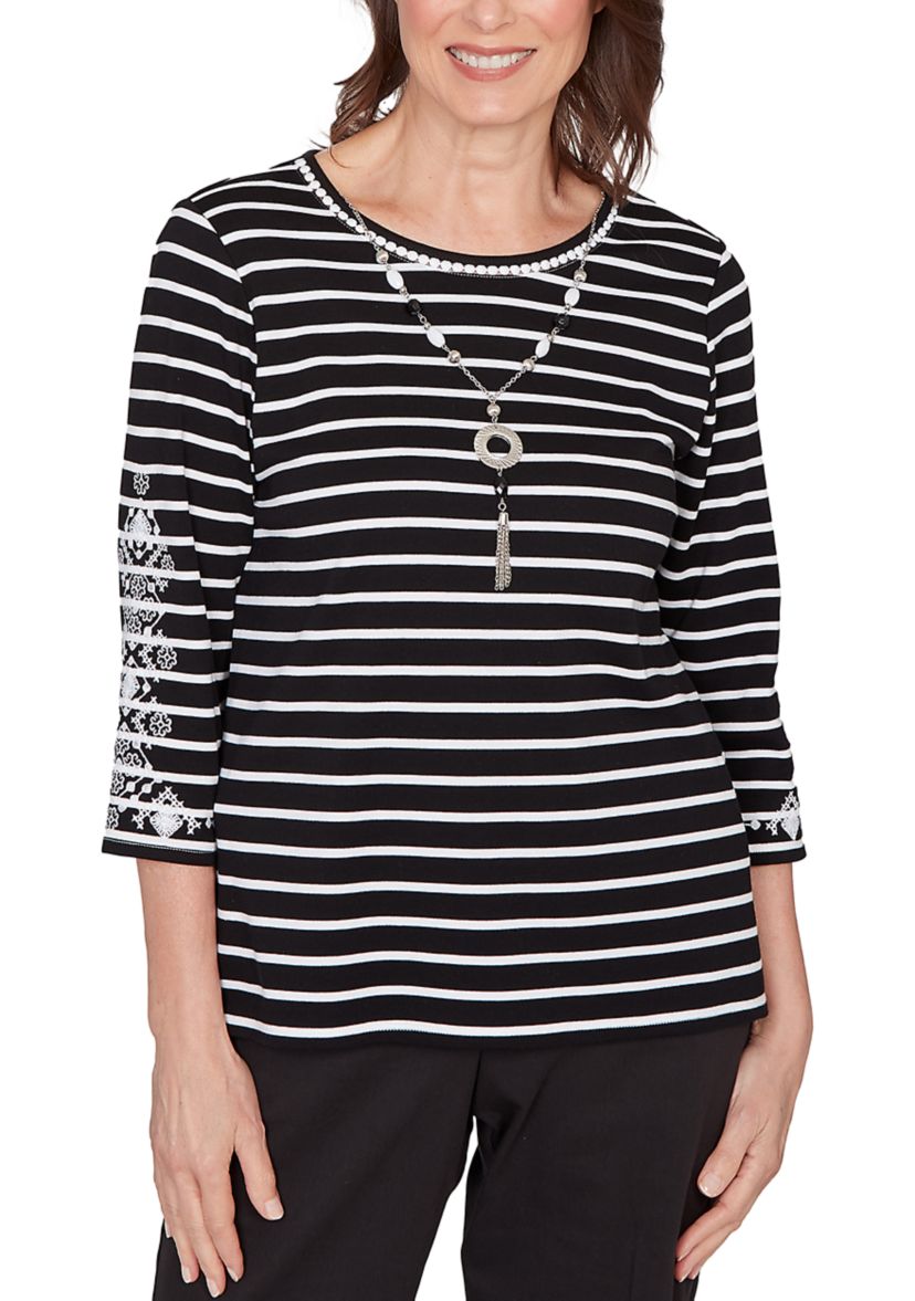 Petite Striped Shirt with Embroidered Sleeves
