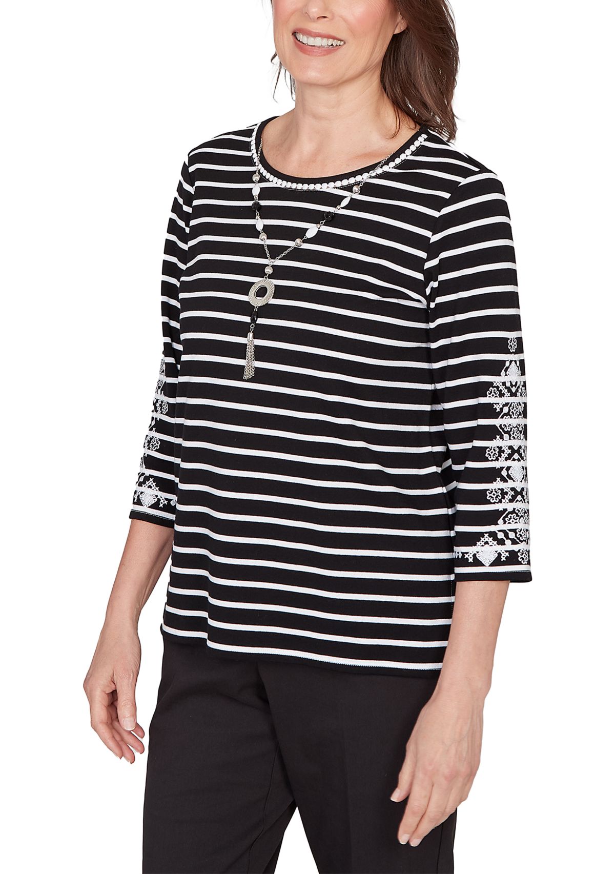 Petite Striped Shirt with Embroidered Sleeves