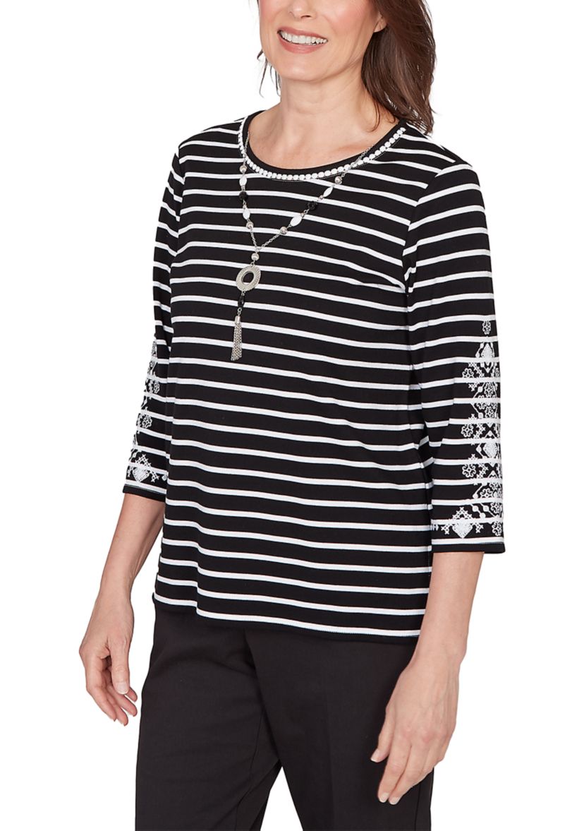Petite Striped Shirt with Embroidered Sleeves