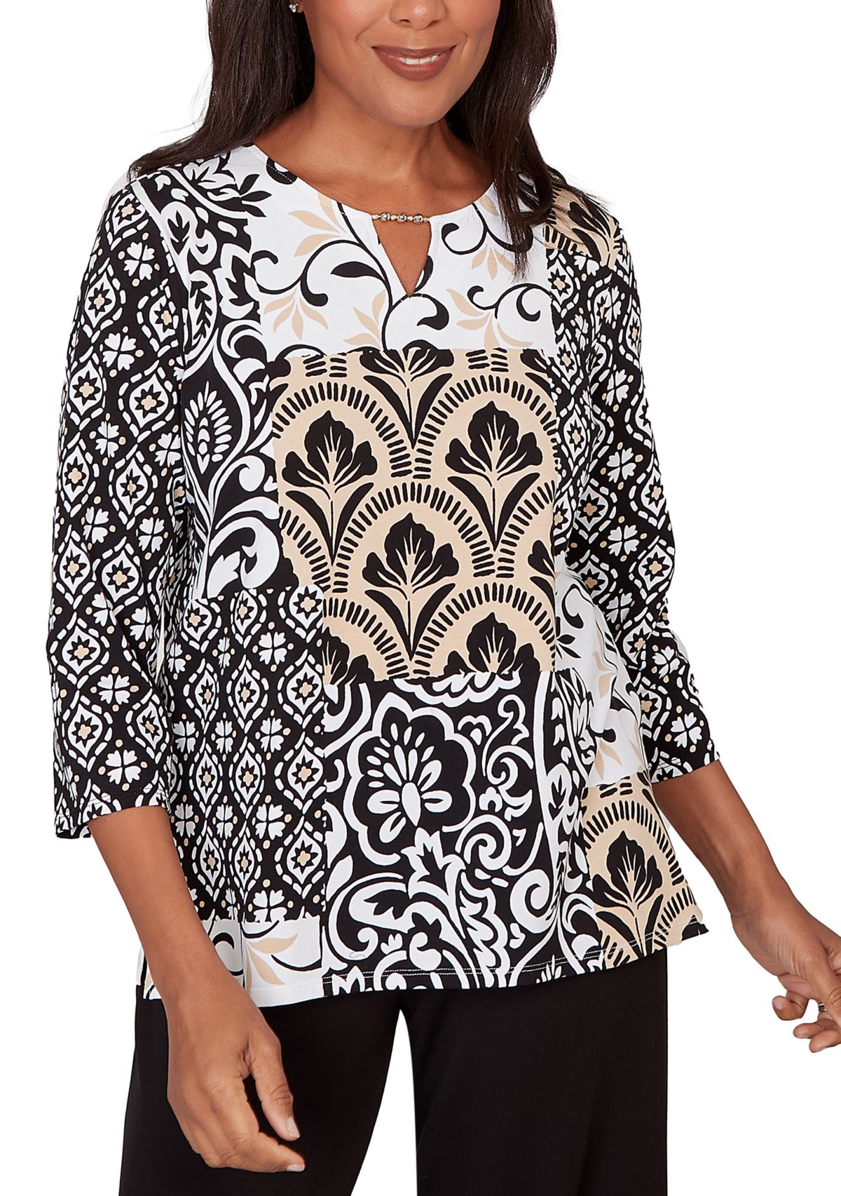 Petite Scroll Geo Patchwork 3/4 Sleeve Shirt