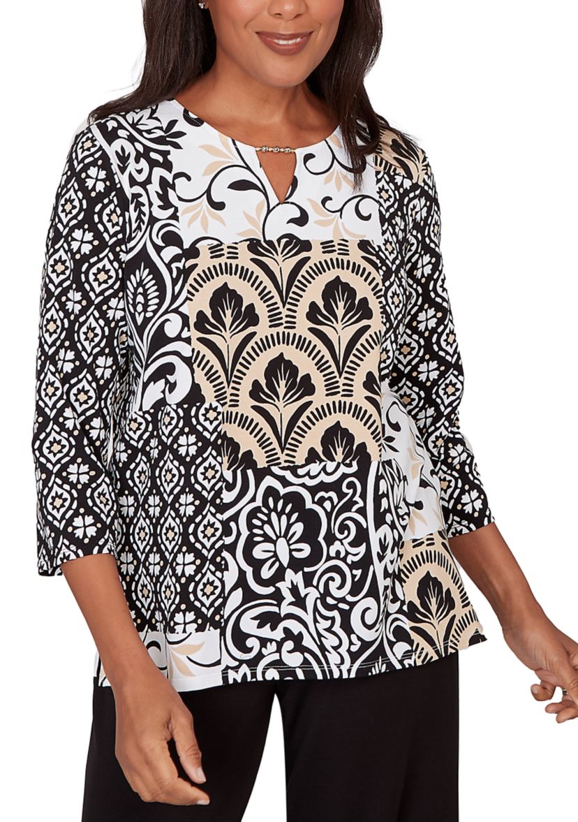 Petite Scroll Geo Patchwork 3/4 Sleeve Shirt