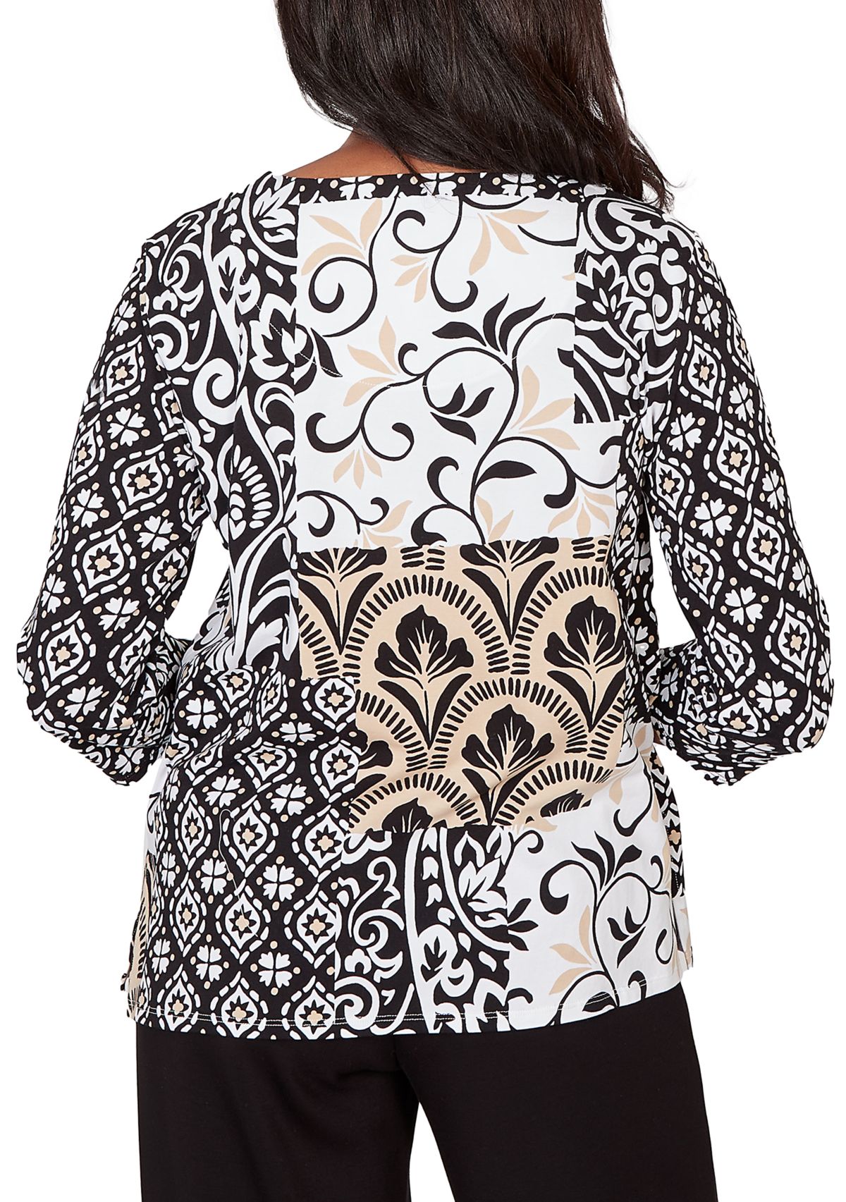 Petite Scroll Geo Patchwork 3/4 Sleeve Shirt