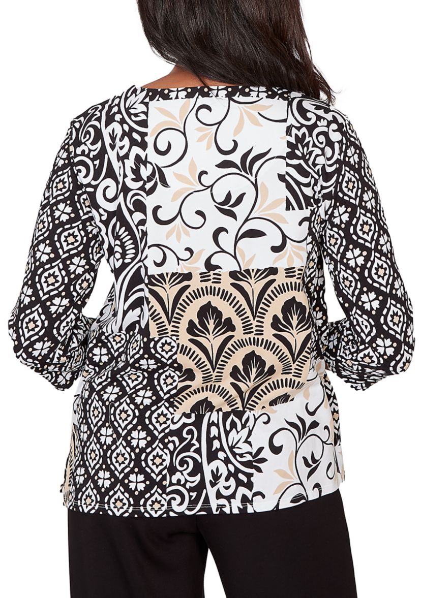 Petite Scroll Geo Patchwork 3/4 Sleeve Shirt