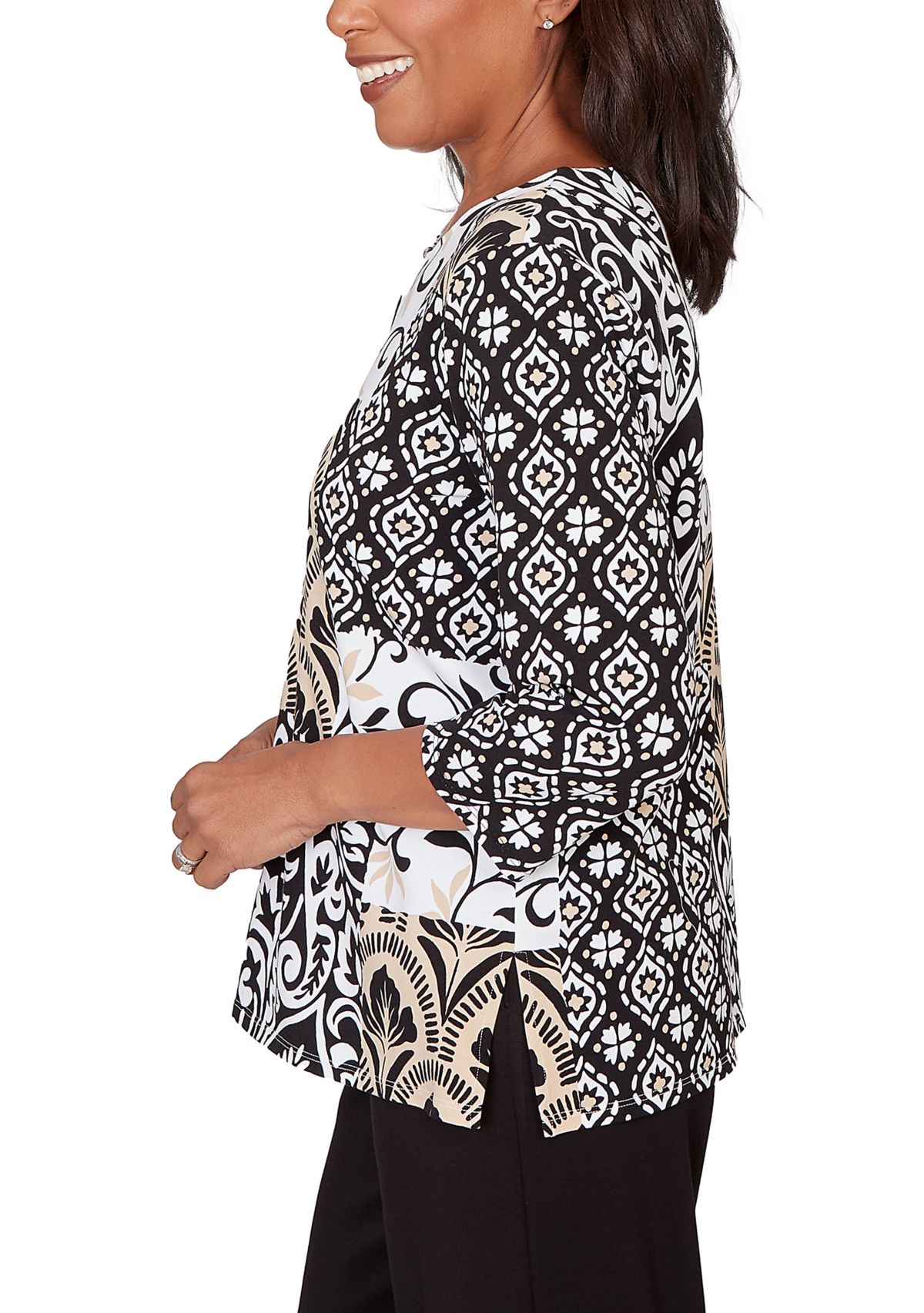 Petite Scroll Geo Patchwork 3/4 Sleeve Shirt