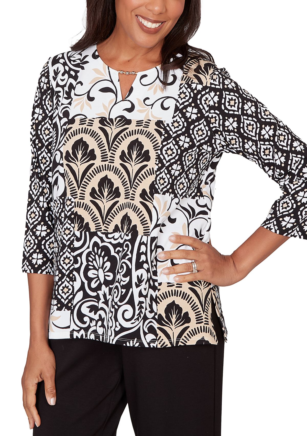 Petite Scroll Geo Patchwork 3/4 Sleeve Shirt