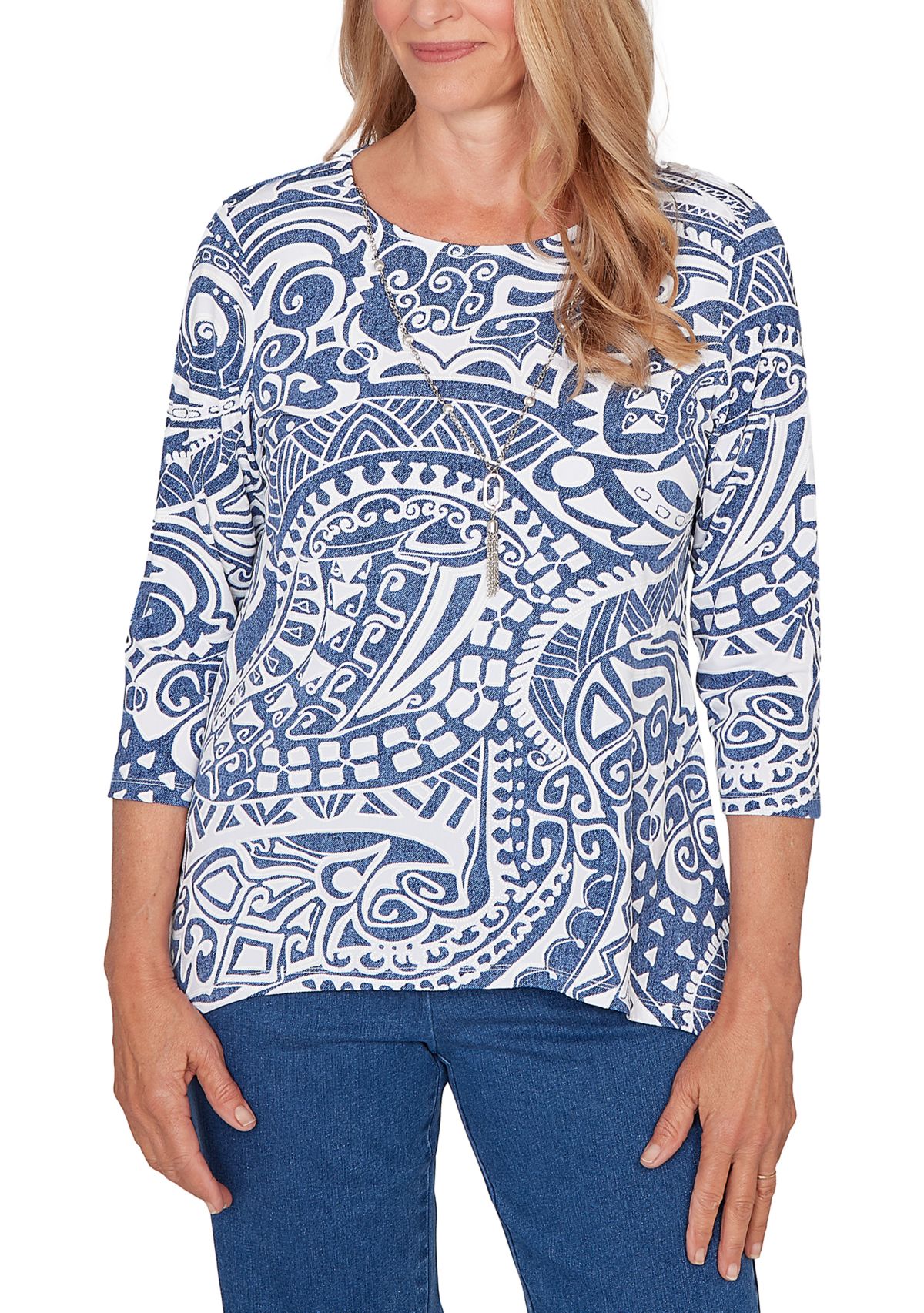 Petite Classic 3/4 Sleeve Batik Scroll Top