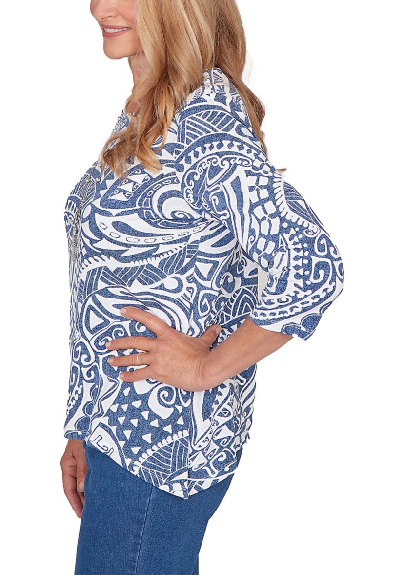 Petite Classic 3/4 Sleeve Batik Scroll Top