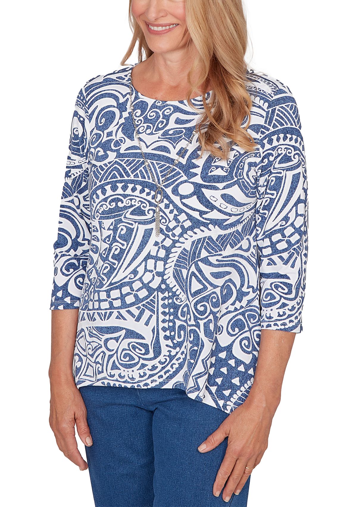 Petite Classic 3/4 Sleeve Batik Scroll Top
