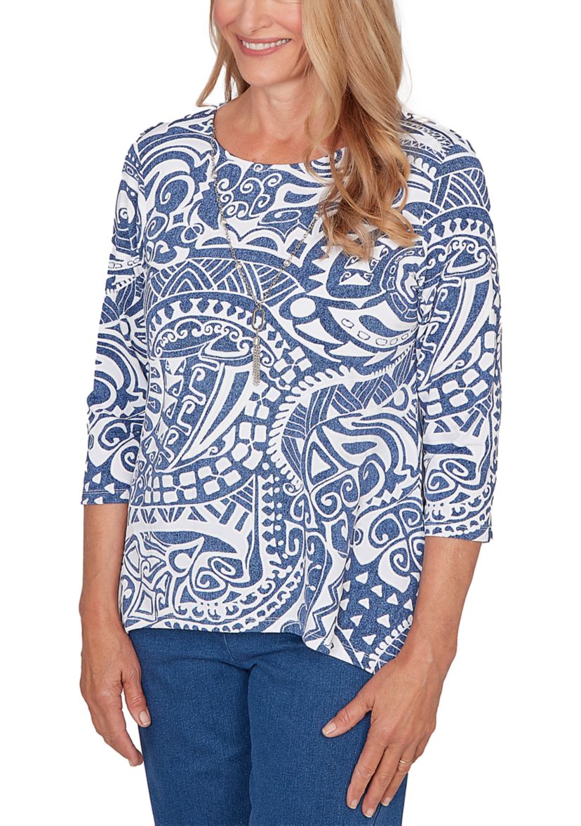 Petite Classic 3/4 Sleeve Batik Scroll Top