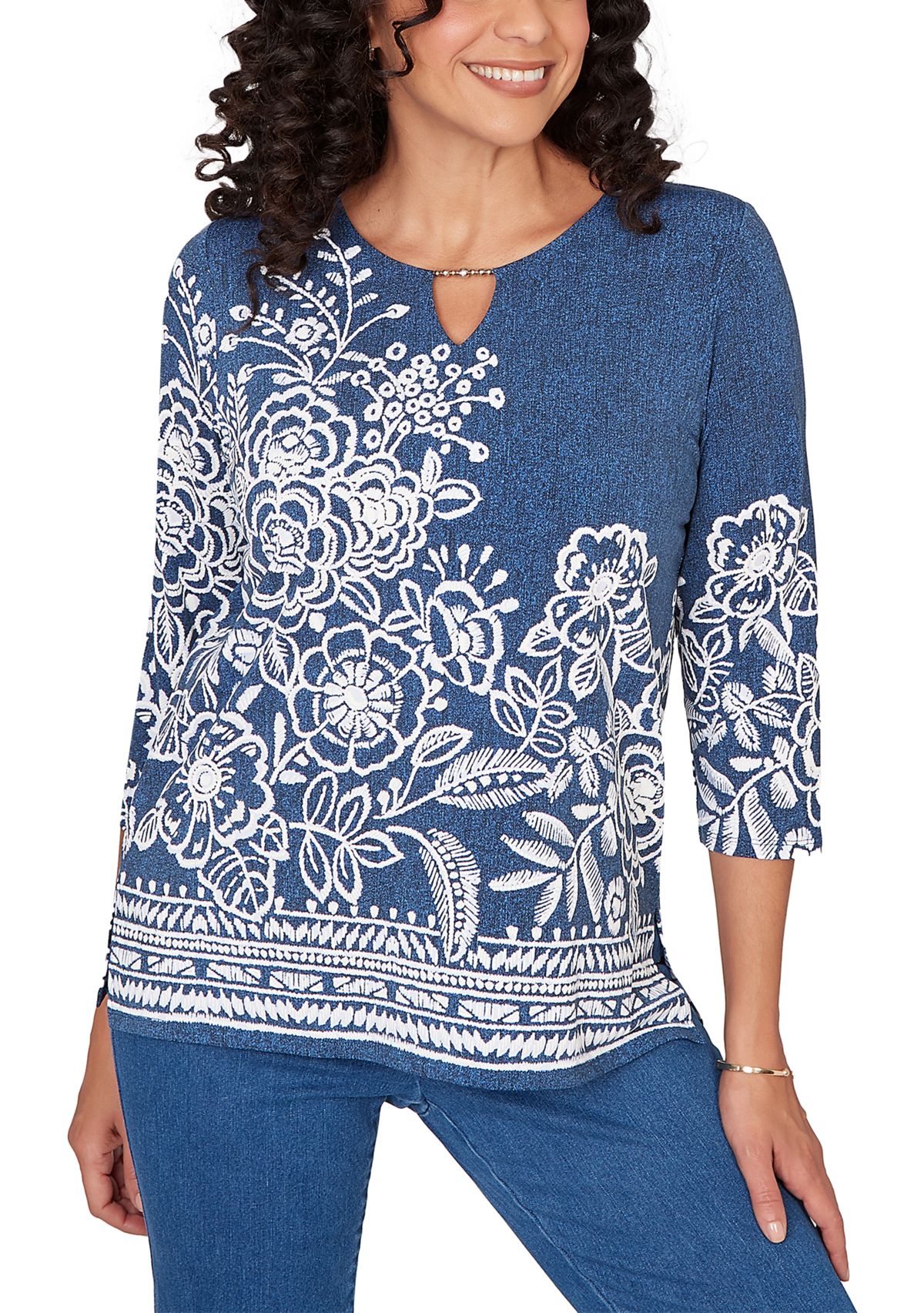 Petite Classics Etched Border Floral 3/4 Sleeve Top