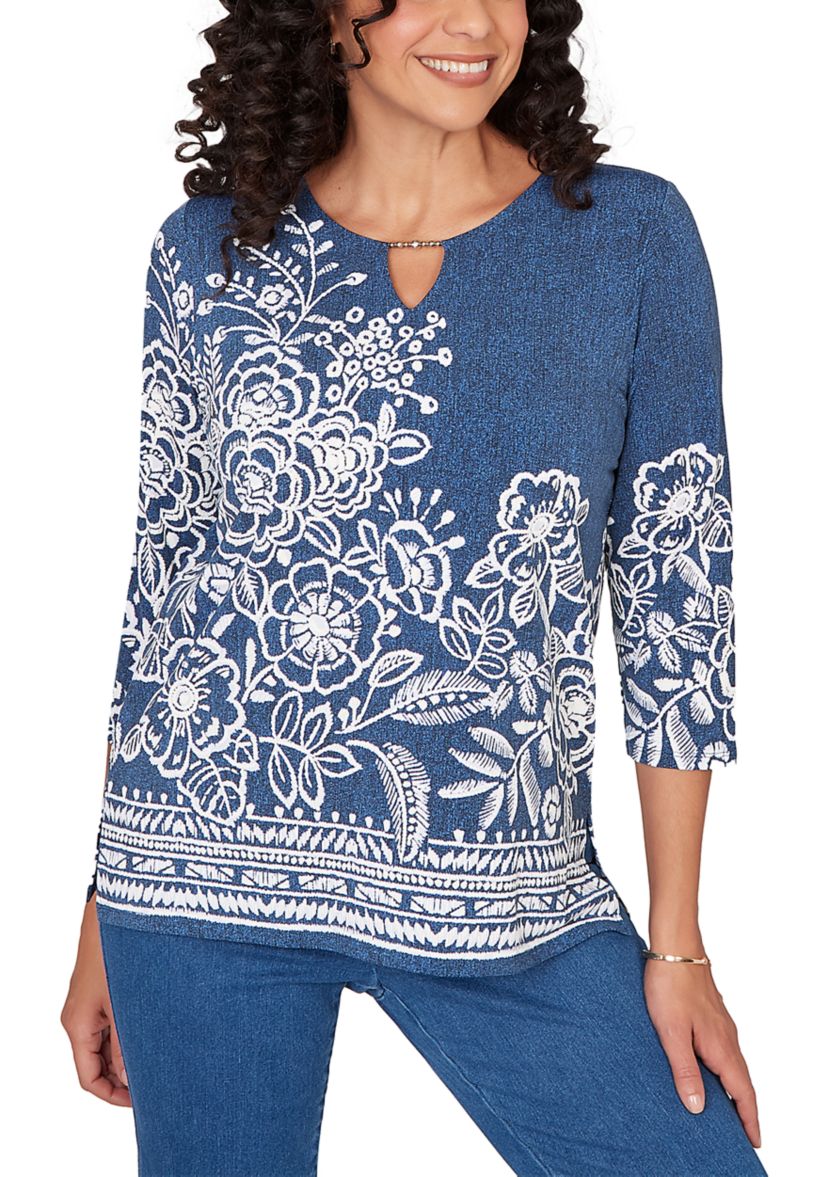 Petite Classics Etched Border Floral 3/4 Sleeve Top