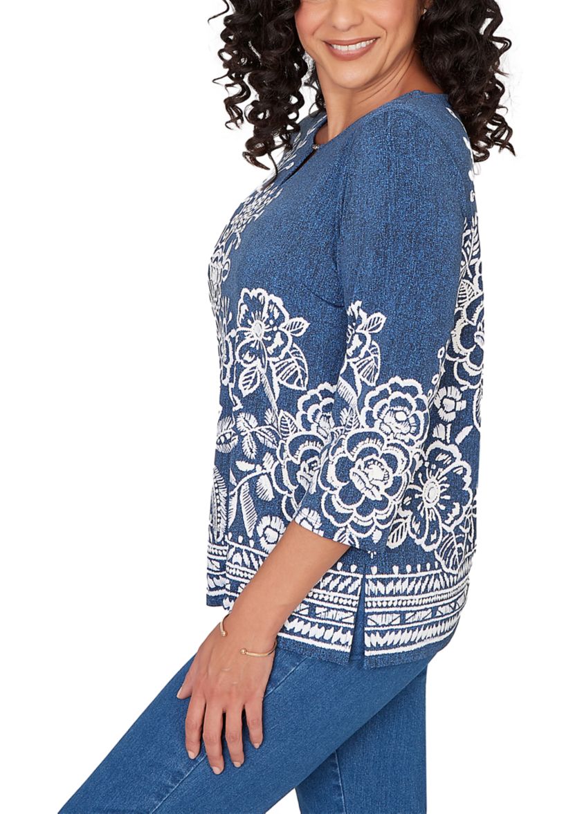 Petite Classics Etched Border Floral 3/4 Sleeve Top