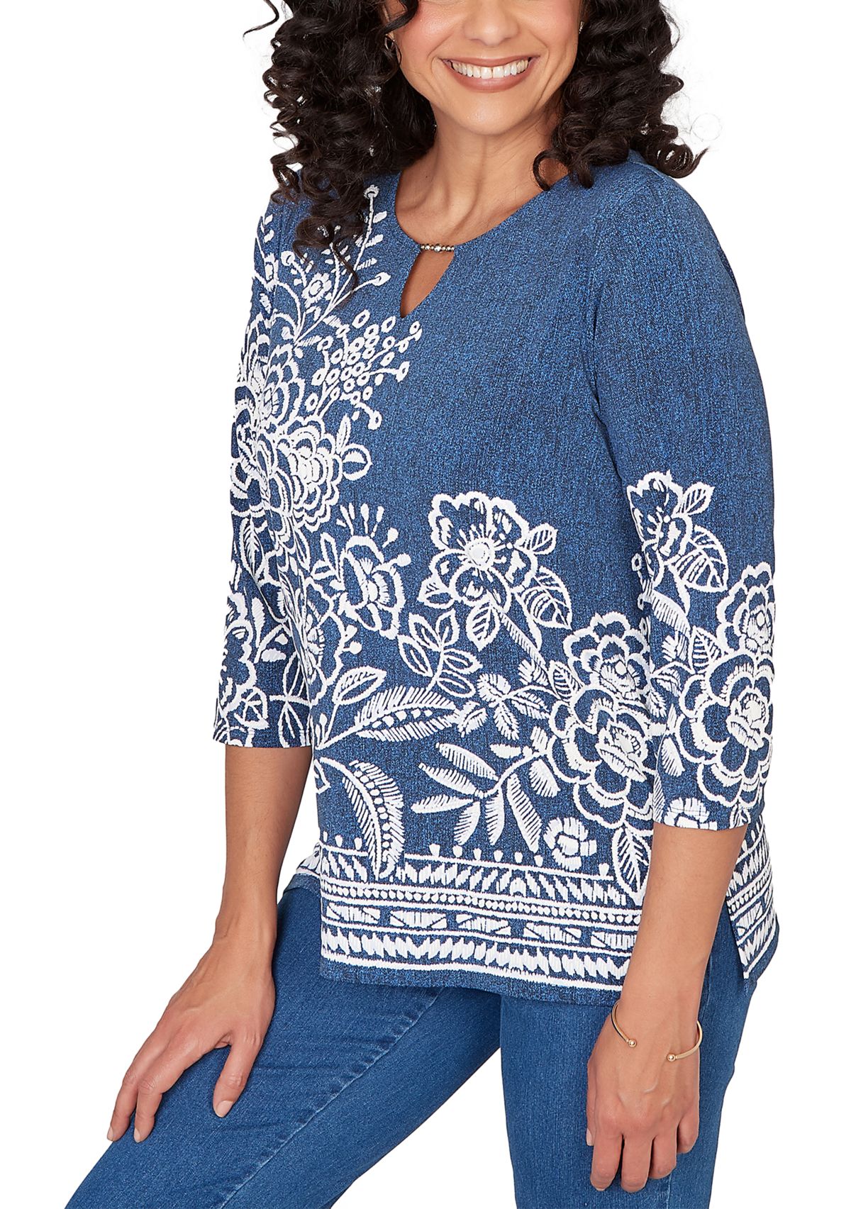 Petite Classics Etched Border Floral 3/4 Sleeve Top