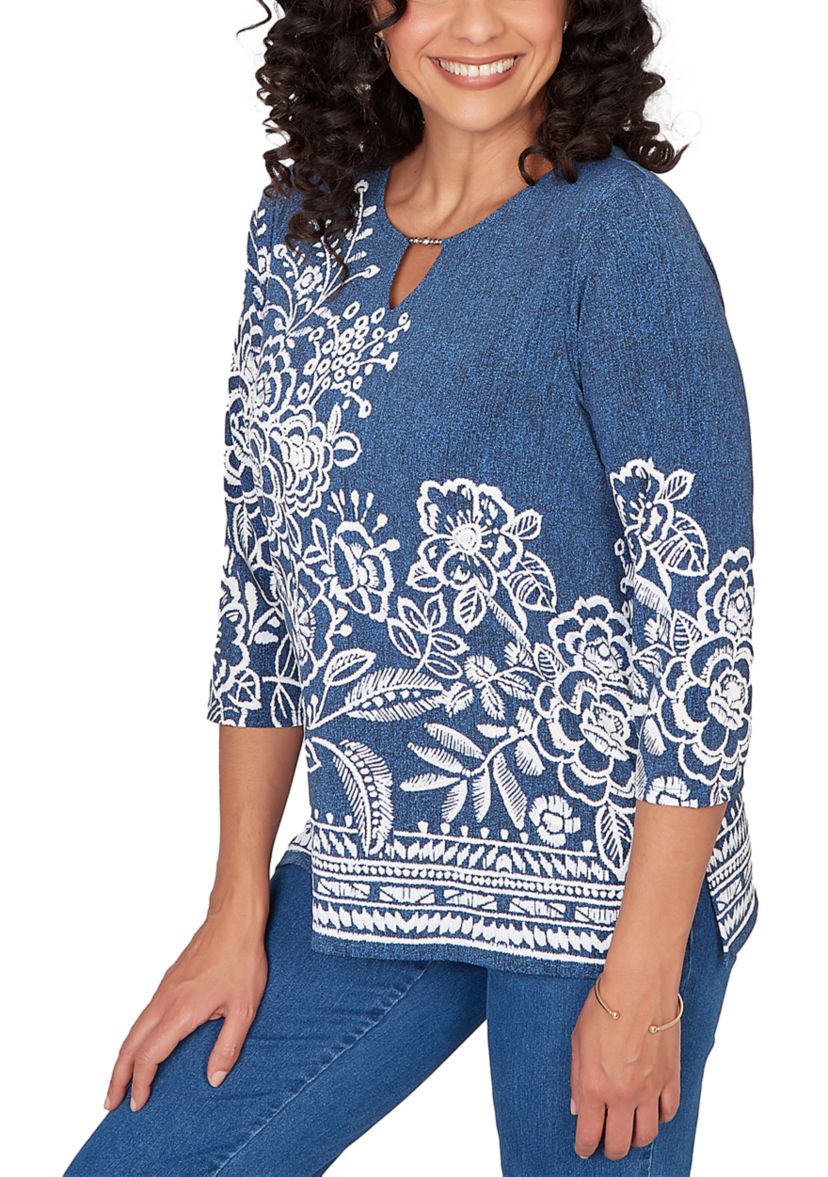 Petite Classics Etched Border Floral 3/4 Sleeve Top