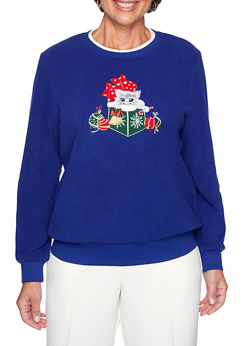 Womens Classics Holiday Kitten Embroidered Pullover