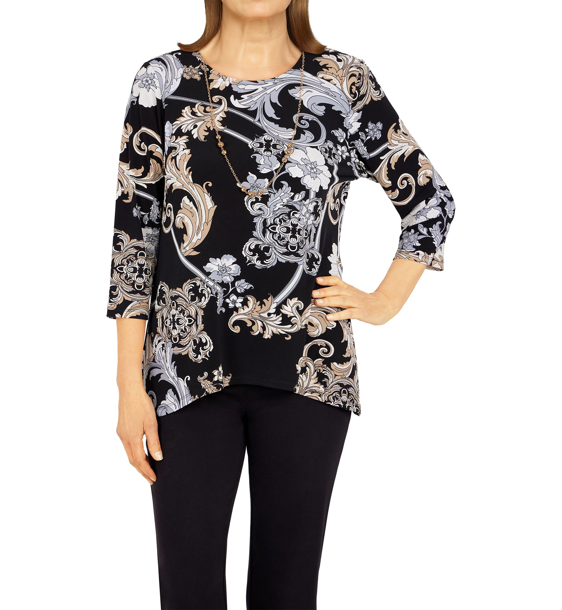 Womens Classics Floral Scroll Puff Print Knit Top 