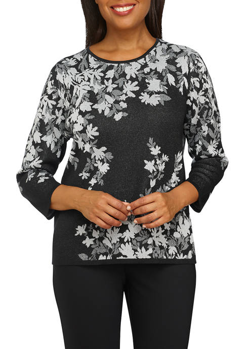 Alfred Dunner Womens Classic Floral Jacquard Sweater