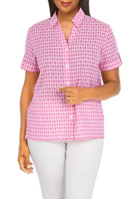 Women's Classic Dobby Check Printed Woven Button Down Top