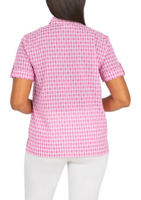 Women's Classic Dobby Check Printed Woven Button Down Top