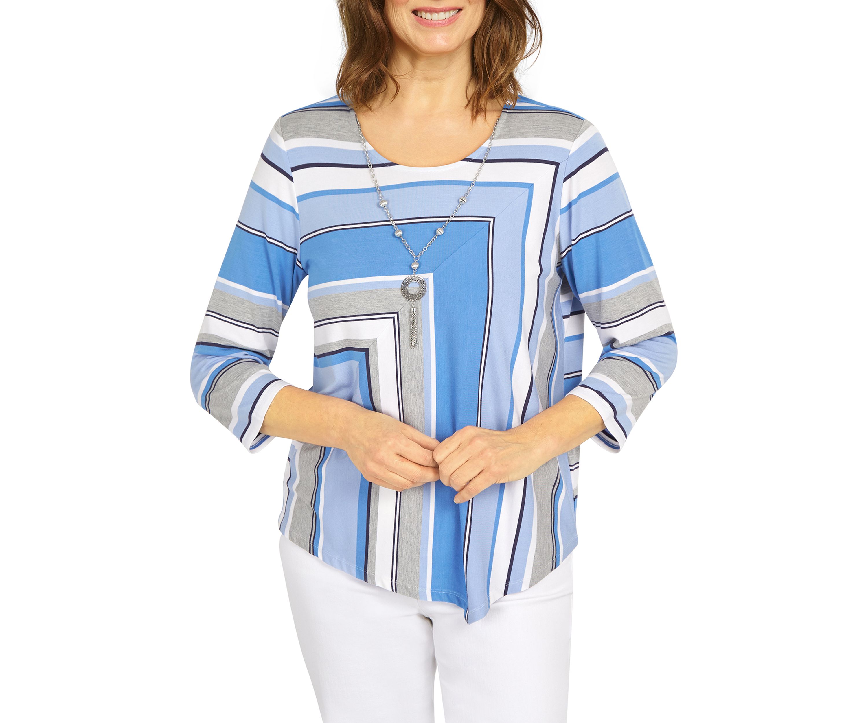 Womens 3/4 Sleeve Spliced Stripe Top