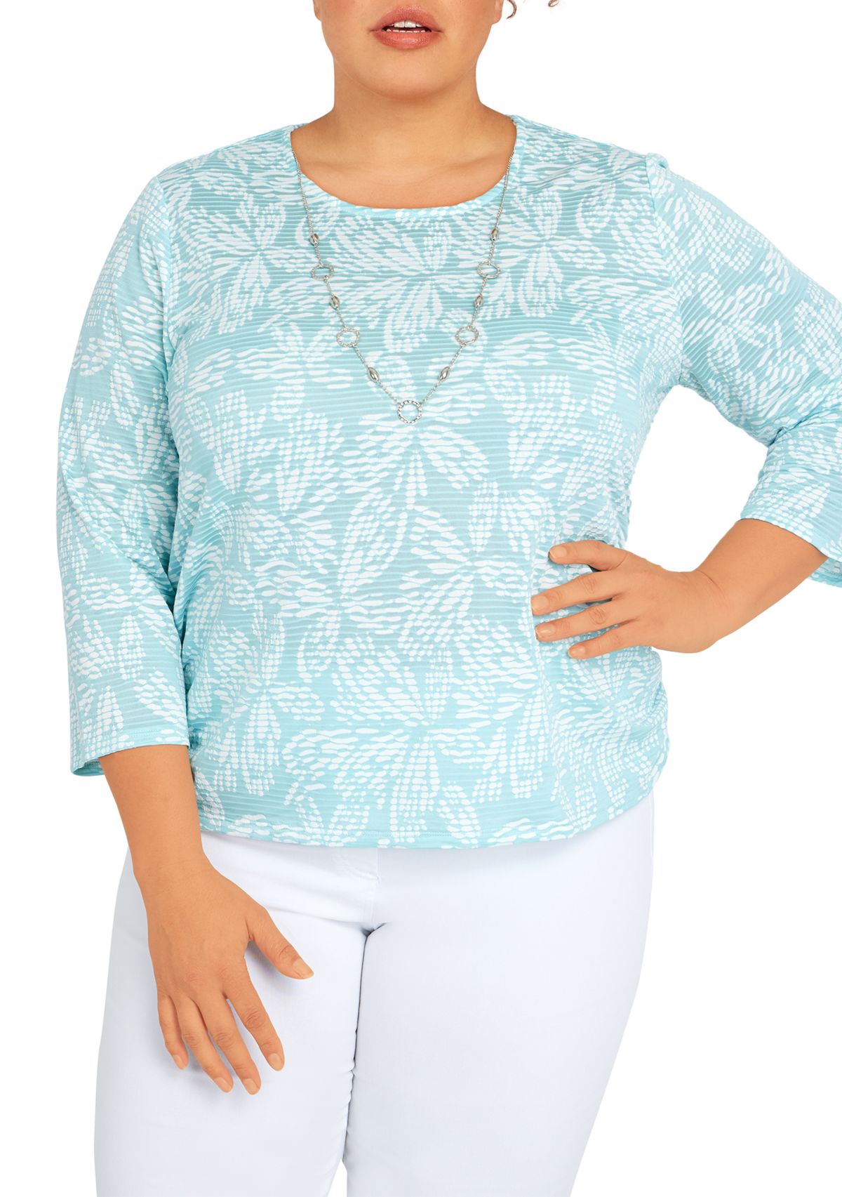 Plus Size Floral Jacquard Butterfly Knit Top with Necklace