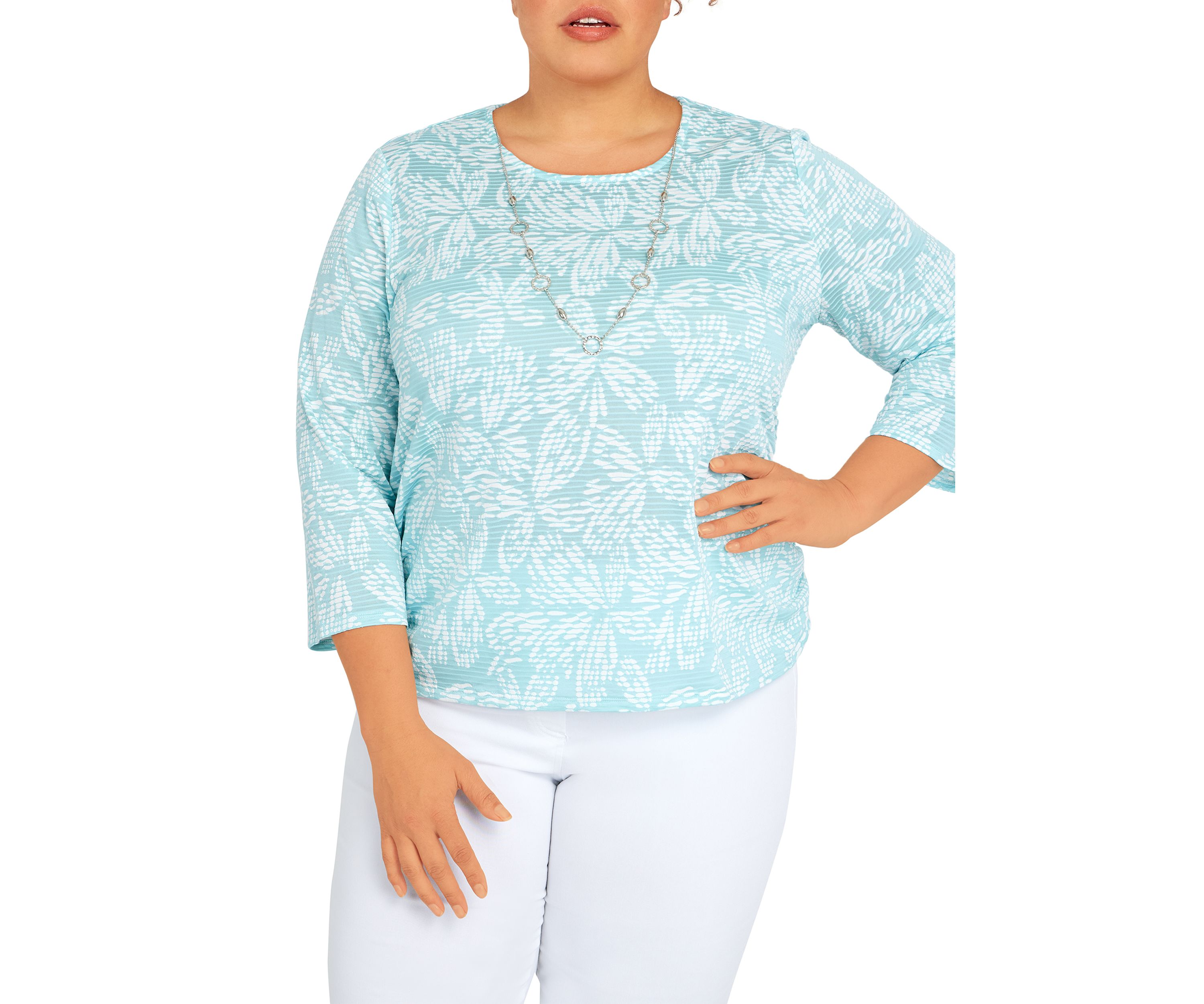Plus Size Floral Jacquard Butterfly Knit Top with Necklace