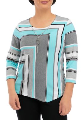 Petite Spliced Stripe Top with Necklace