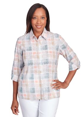 Women's Neutral Plaid Button Down Top