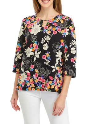 Women's Classics Neutrals Floral Border Yoke Print Top