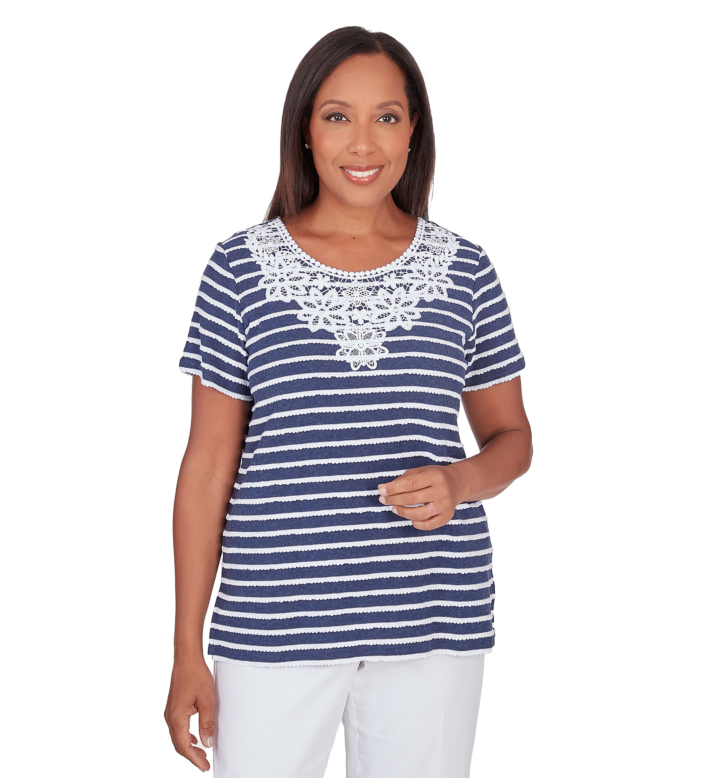 Womens Classics Neutrals Stripe Lace Yoke Top