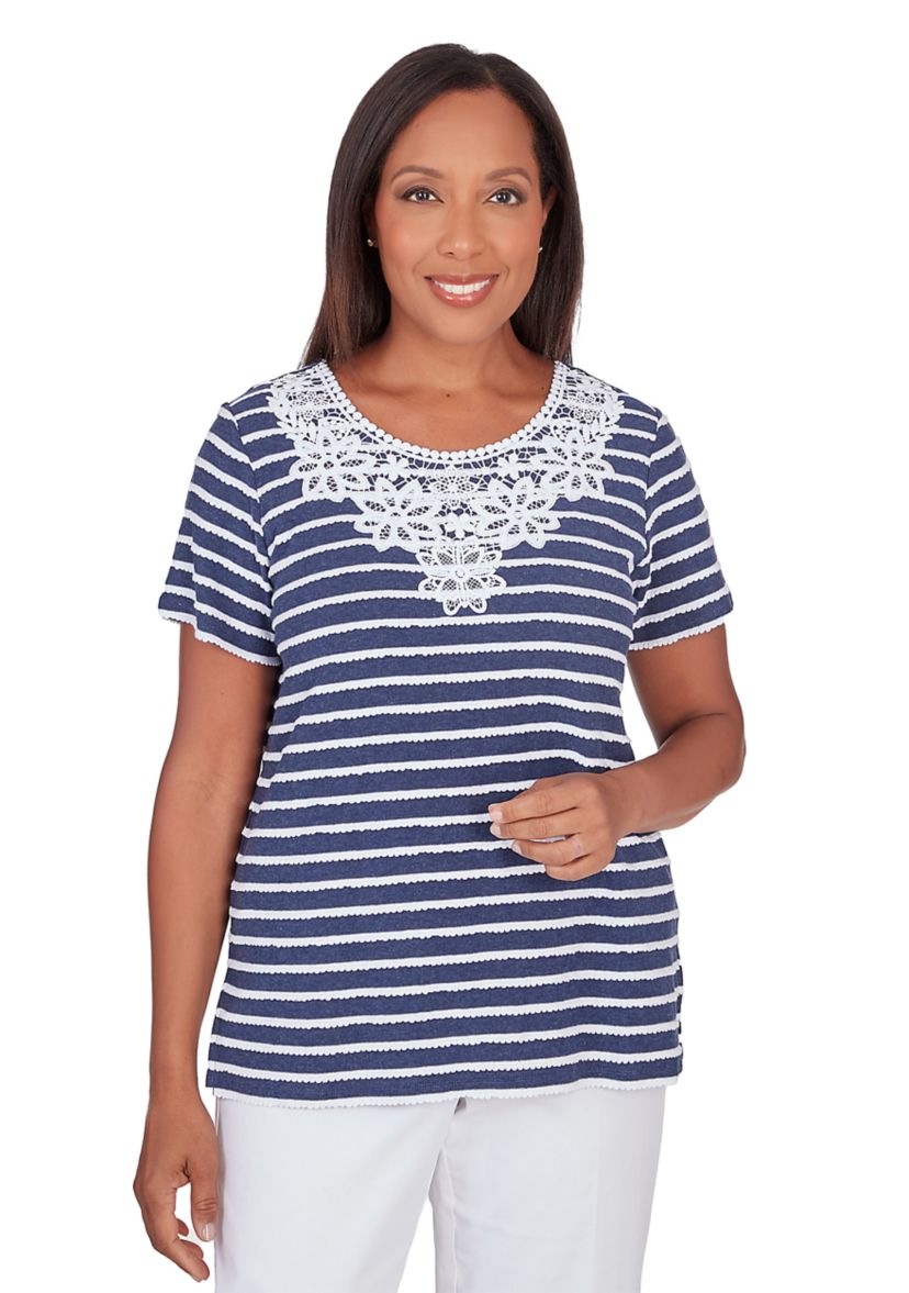 Womens Classics Neutrals Stripe Lace Yoke Top