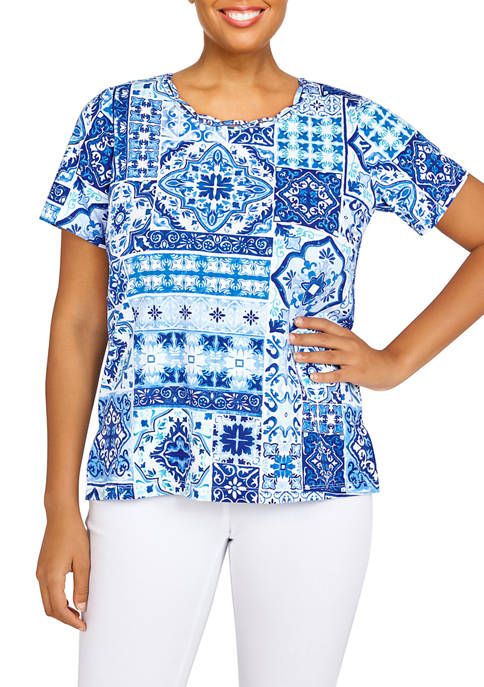 Alfred Dunner Womens Classic Medallion Print Top