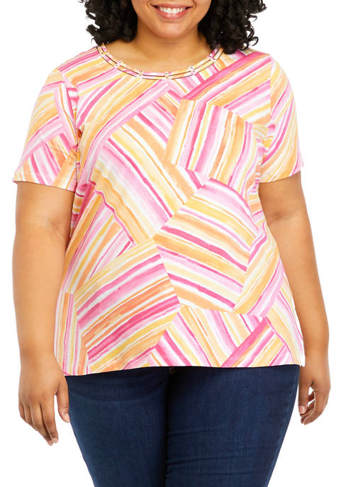 Alfred Dunner Womens Striped Patchwork Print Top