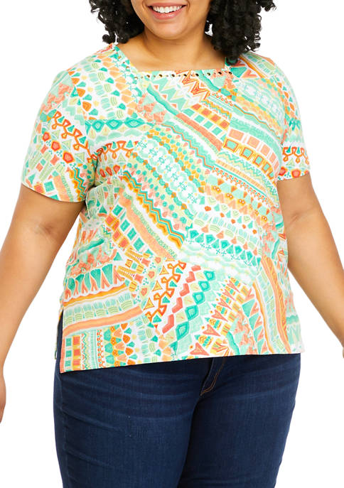 Alfred Dunner Plus Size Festive Patchwork Print Top