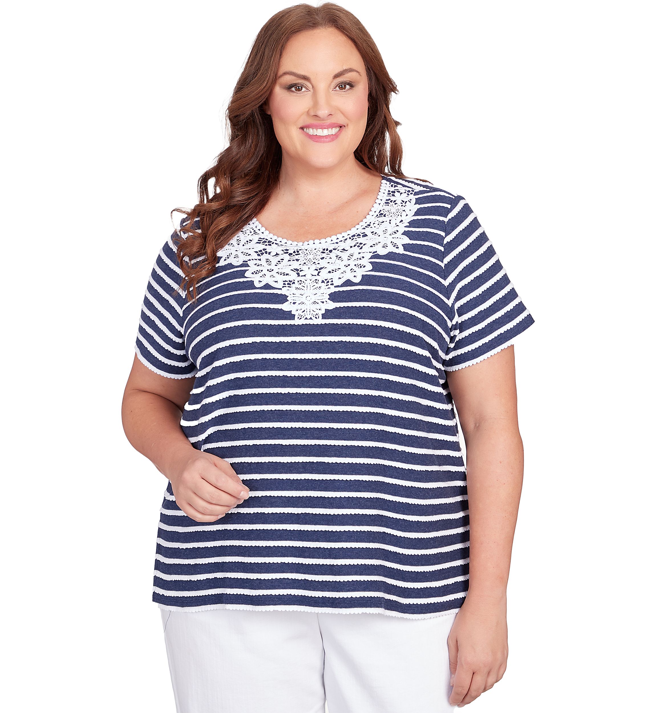 Plus Size Classics Neutrals Stripe Lace Yoke Top