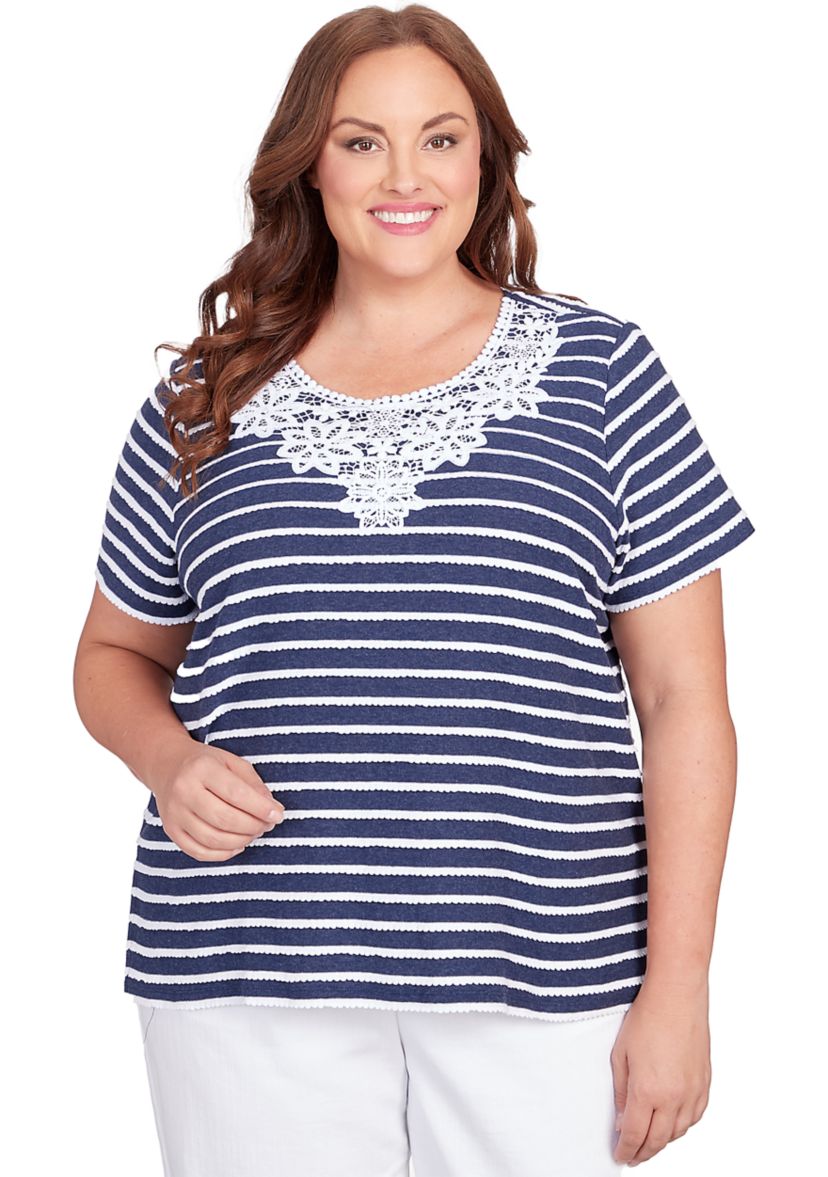 Plus Size Classics Neutrals Stripe Lace Yoke Top