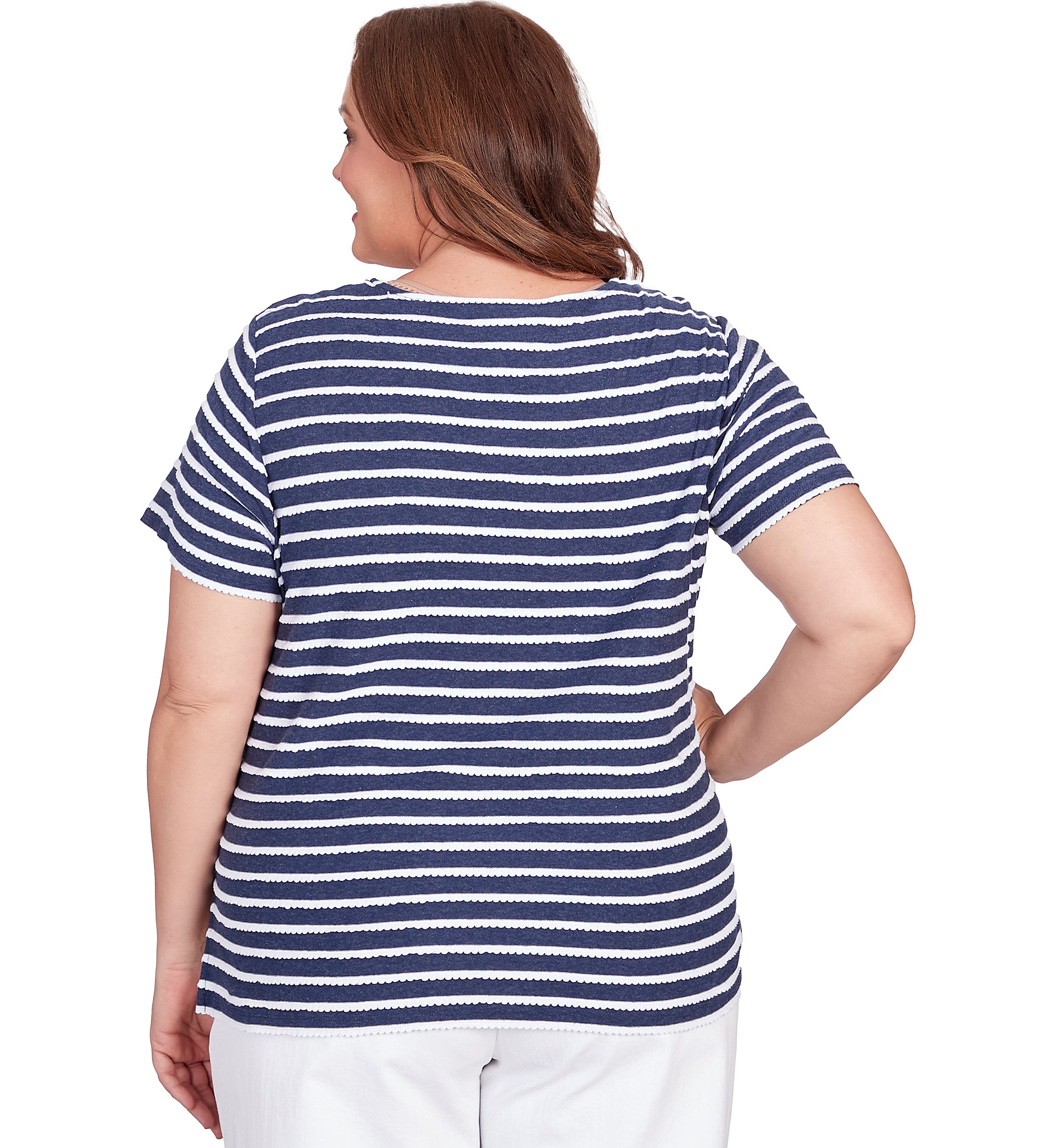 Plus Size Classics Neutrals Stripe Lace Yoke Top