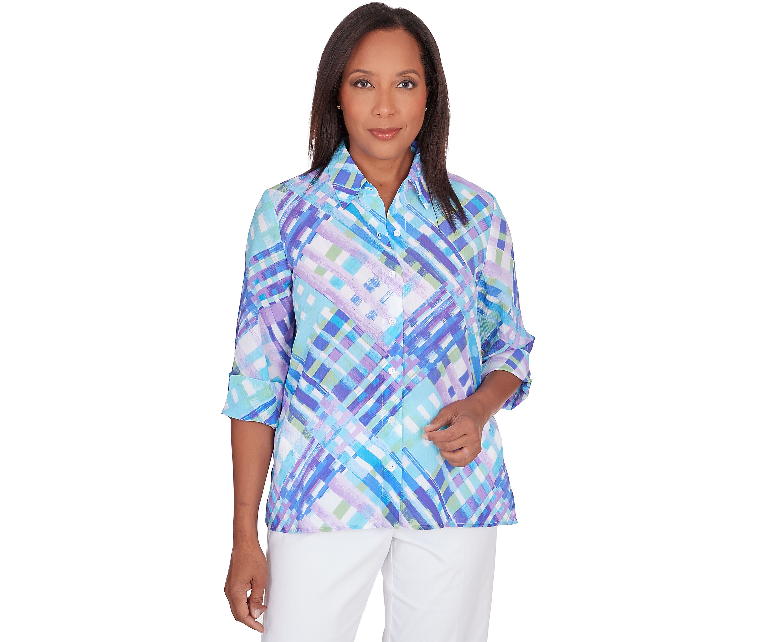 Petite Classics Brights Lattice Plaid Woven Button Down Top