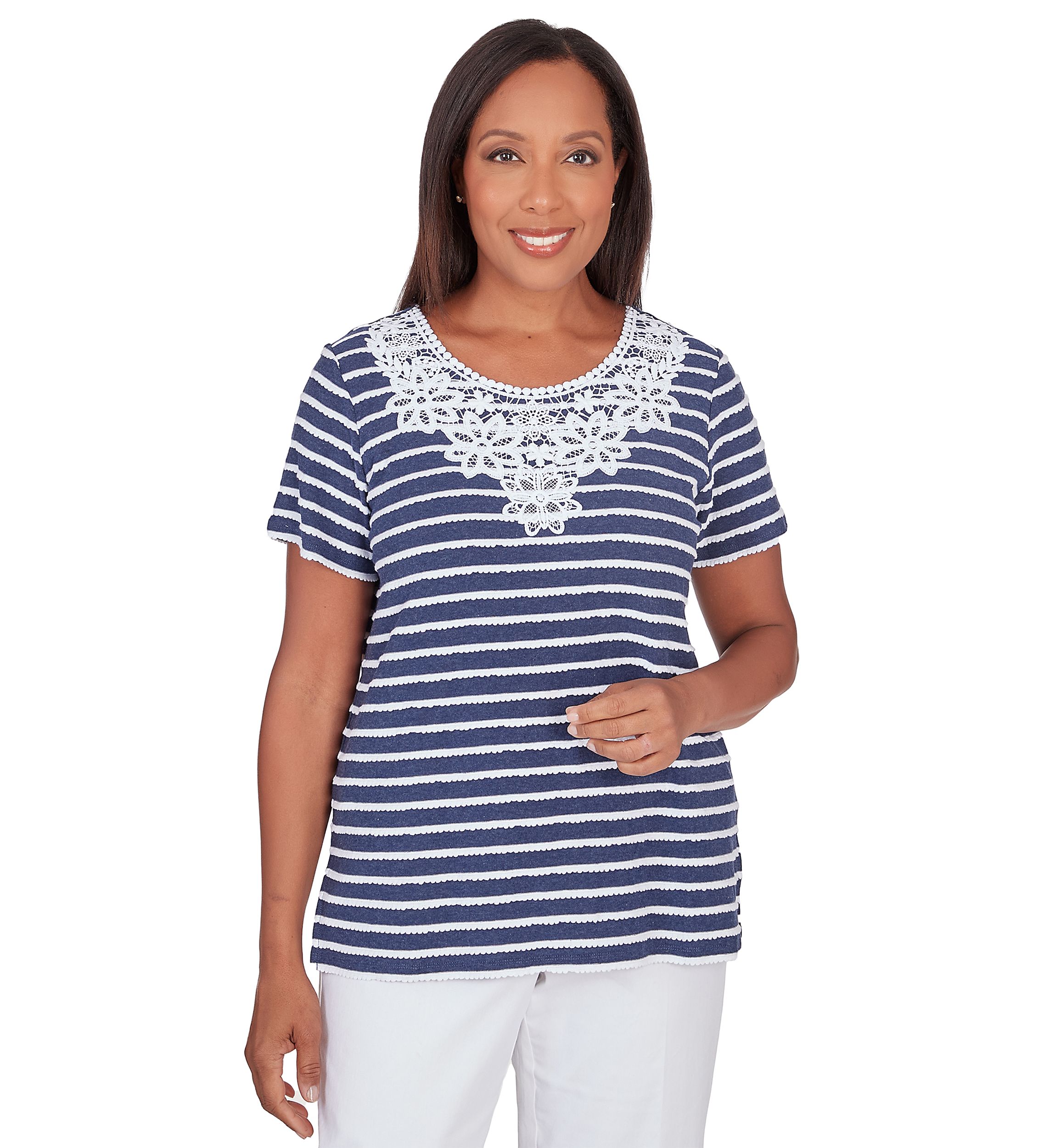 Petite Classics Neutrals Stripe Lace Yoke Top