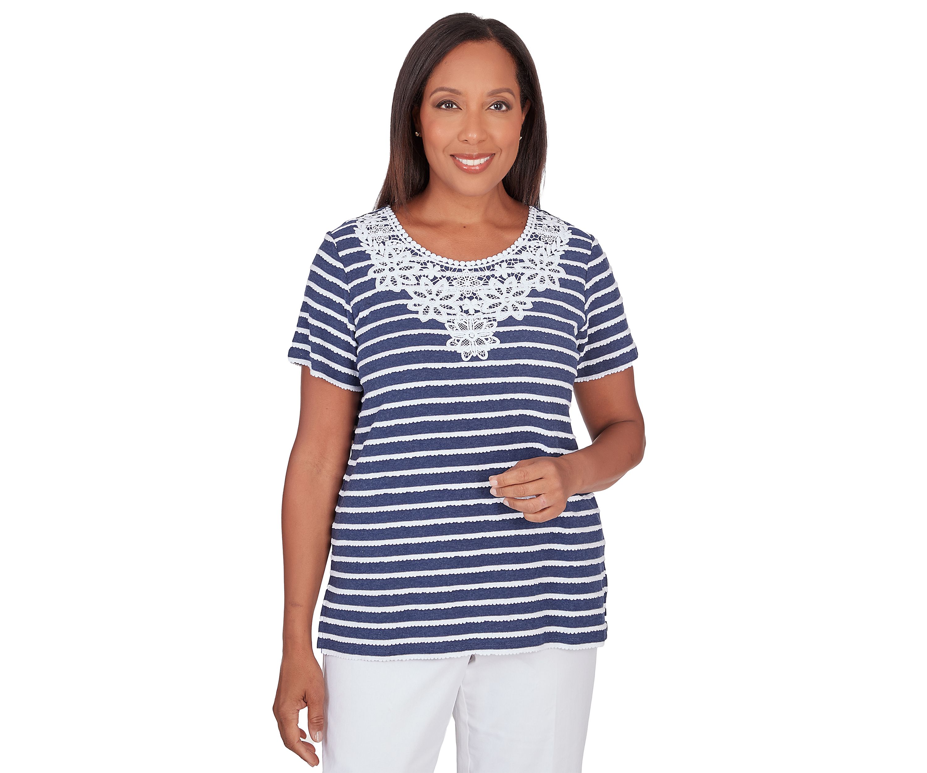 Petite Classics Neutrals Stripe Lace Yoke Top