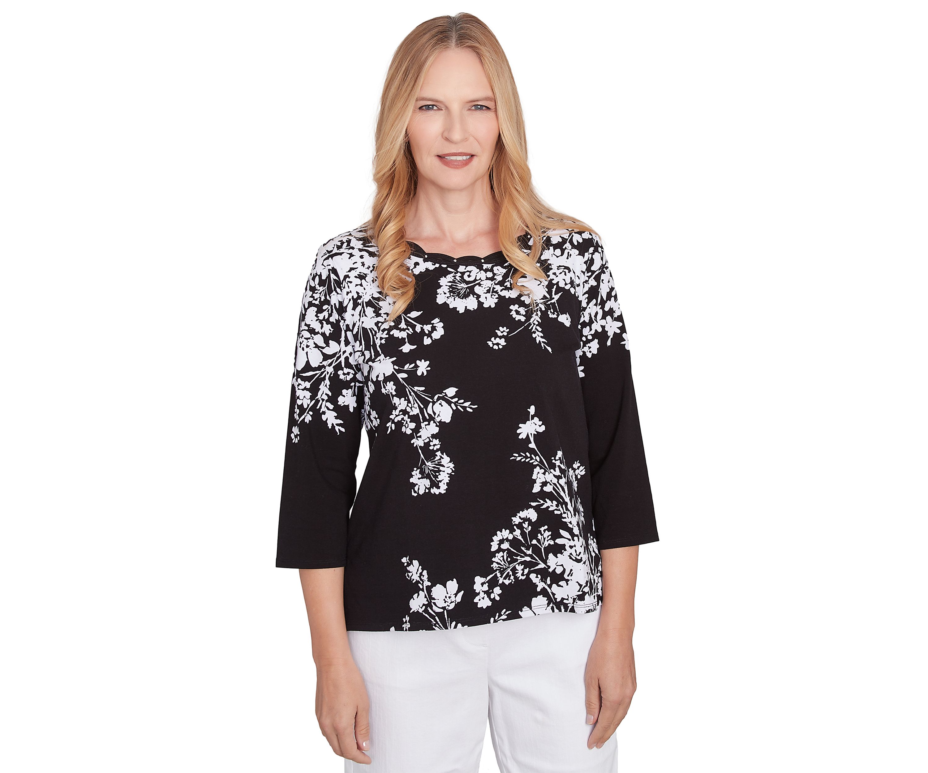 Womens Classics Monotone Asymmetric Floral Top