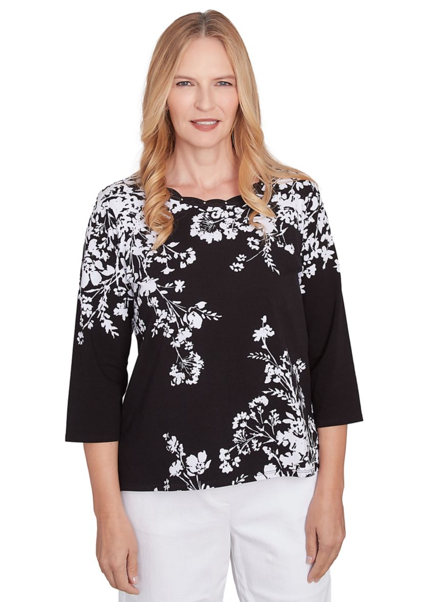 Womens Classics Monotone Asymmetric Floral Top
