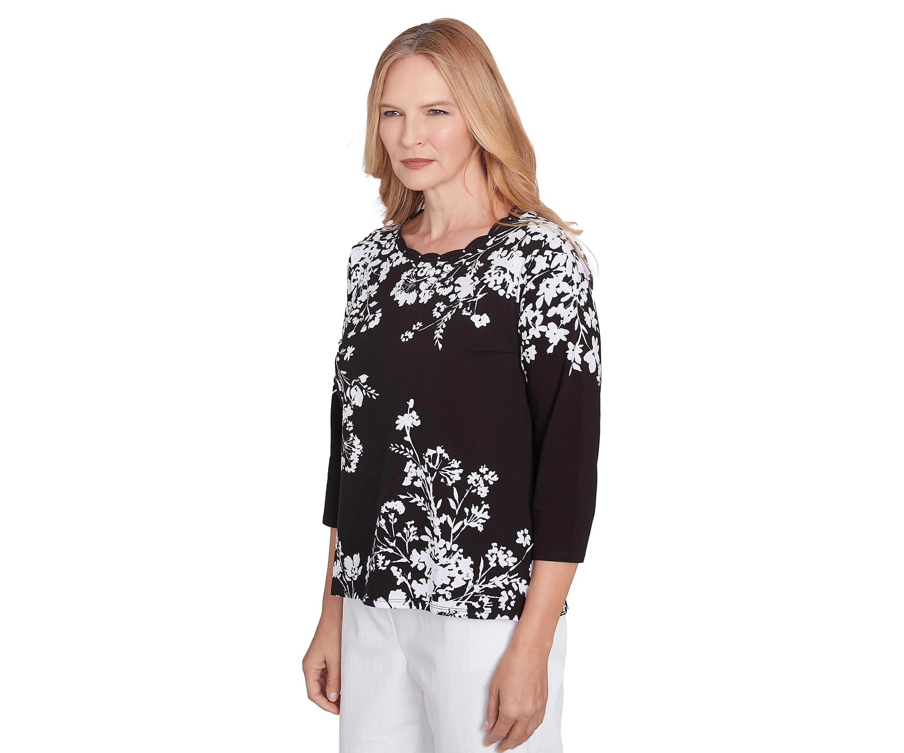Womens Classics Monotone Asymmetric Floral Top