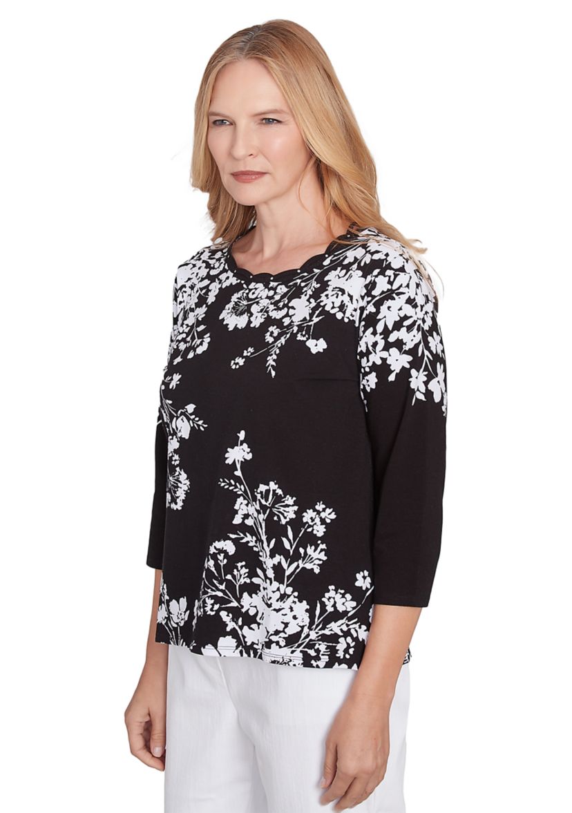 Womens Classics Monotone Asymmetric Floral Top
