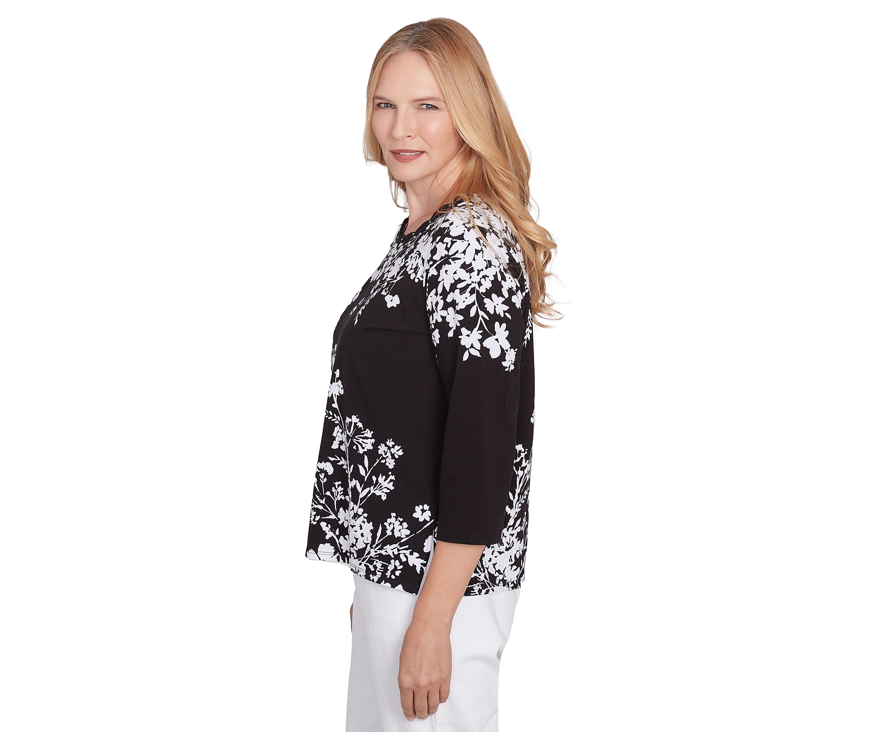 Womens Classics Monotone Asymmetric Floral Top