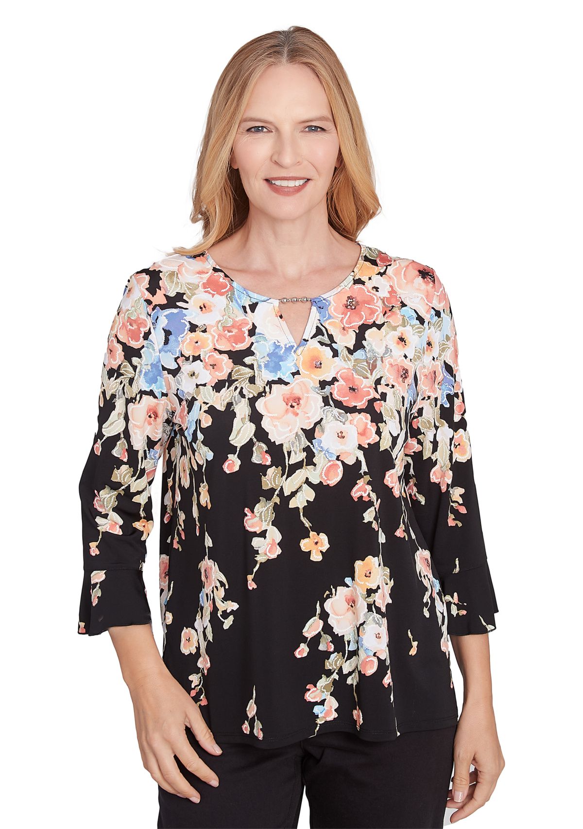 Womens 3/4 Sleeve Split Beaded Top