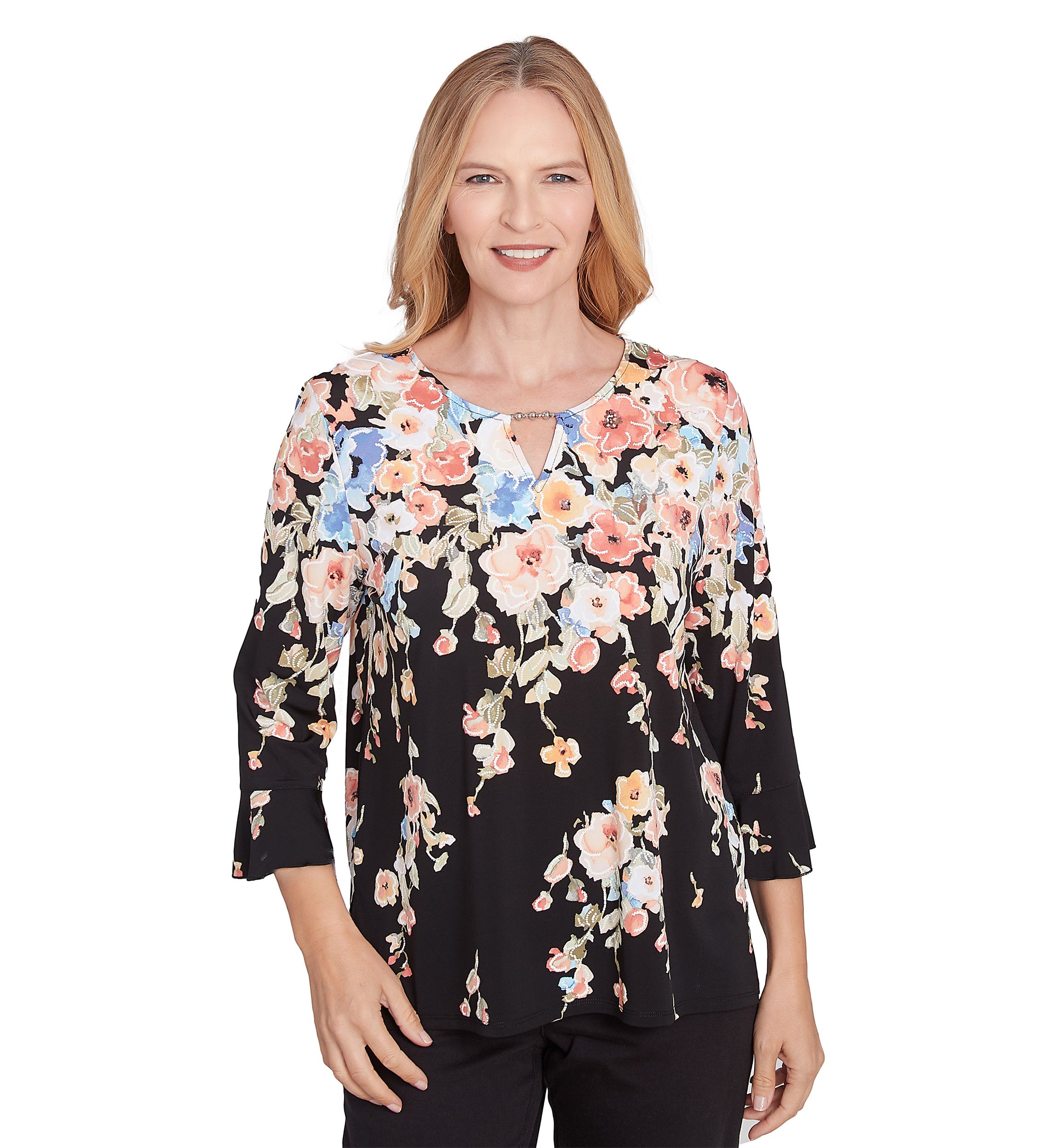 Womens 3/4 Sleeve Split Beaded Top