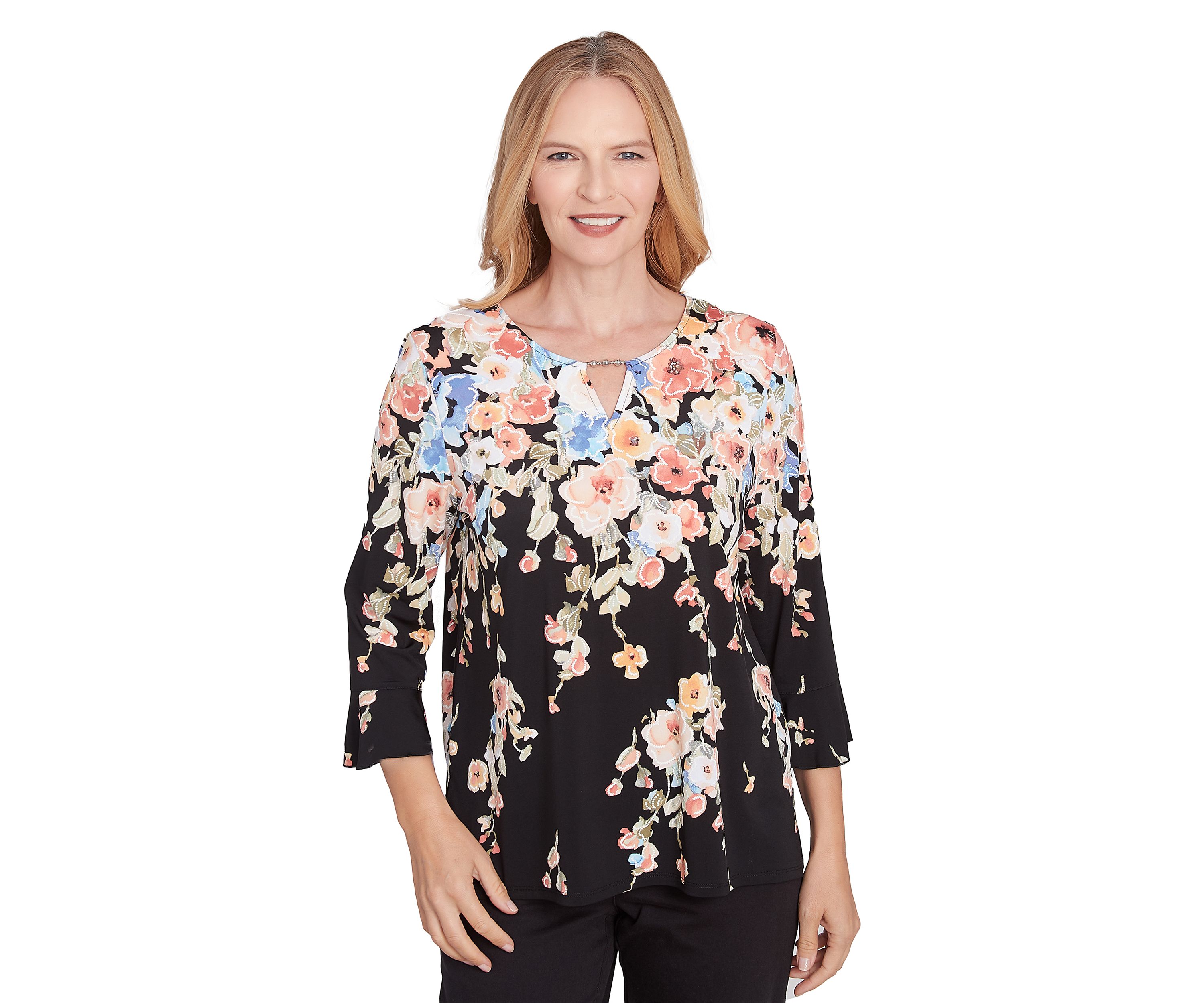 Womens 3/4 Sleeve Split Beaded Top