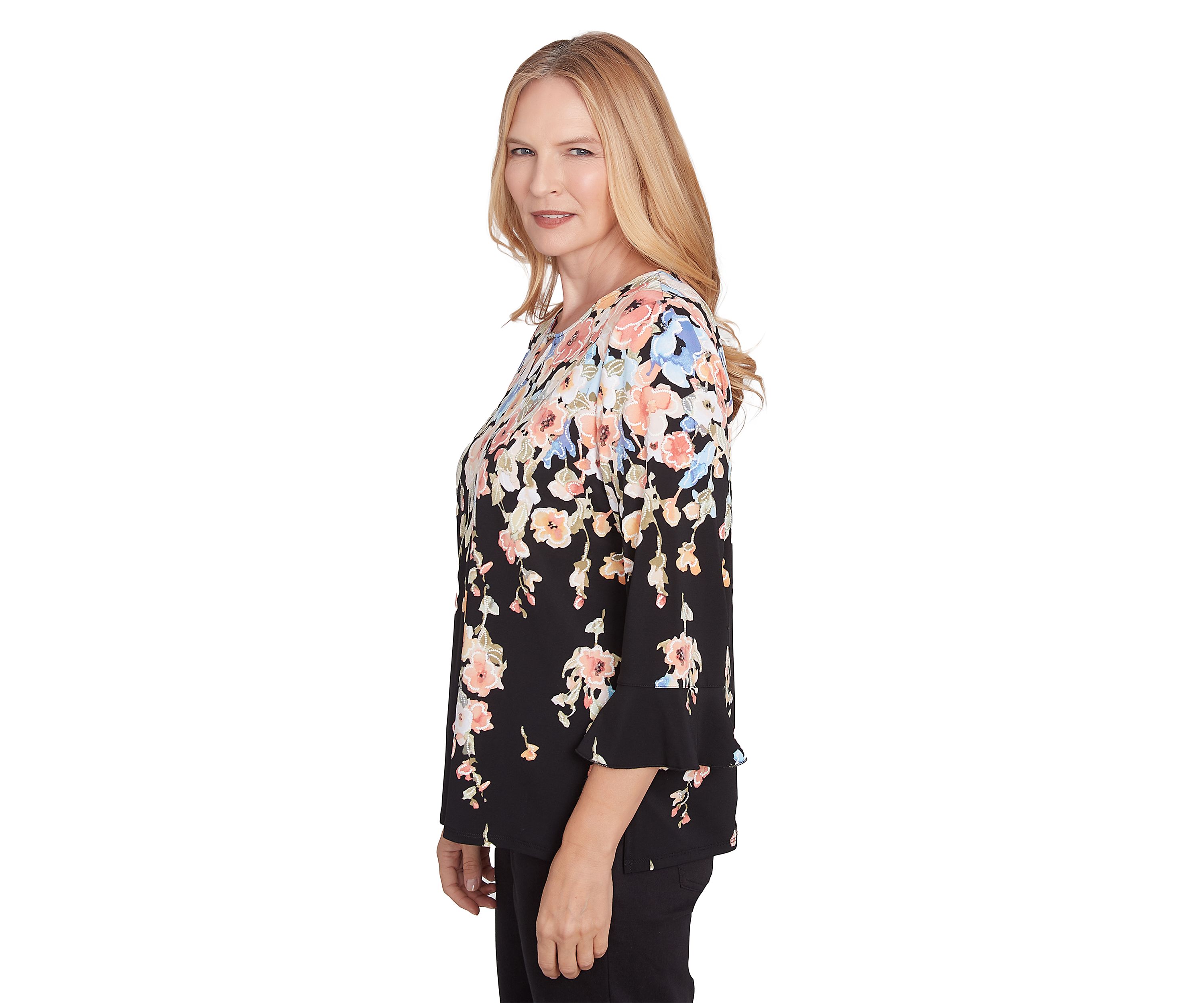 Womens 3/4 Sleeve Split Beaded Top