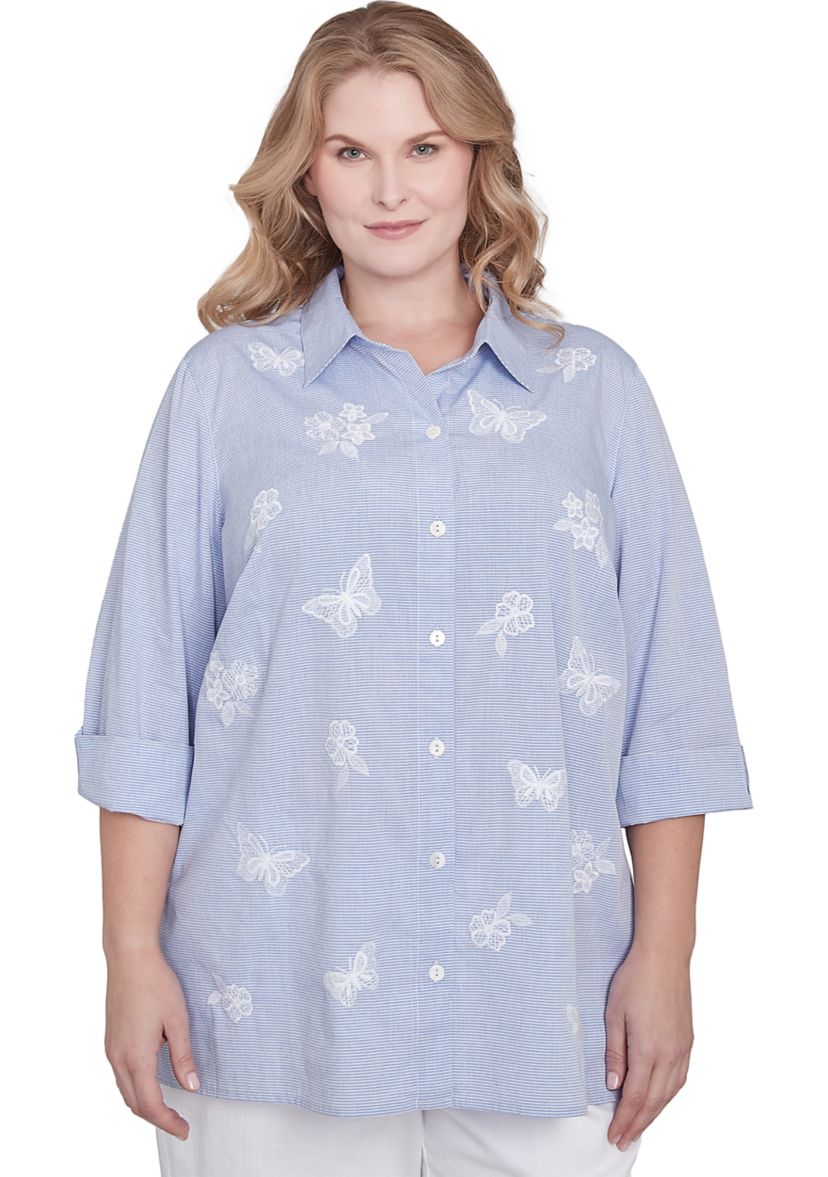 Plus Size Classics Butterfly Stripe Button Up Top